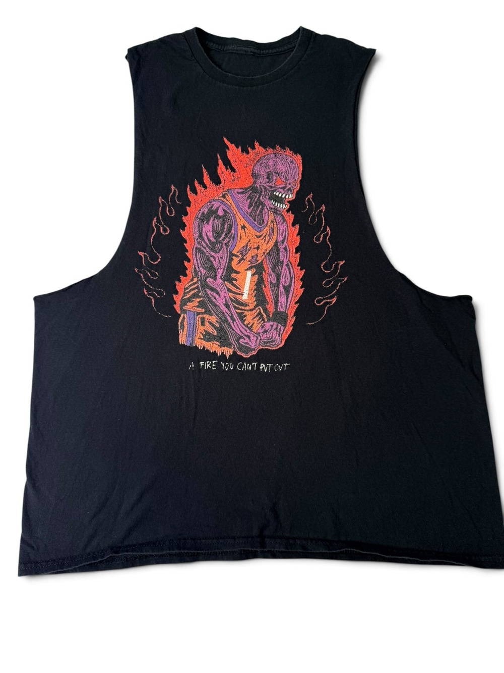 Men’s Black Graphic Muscle Tank Top Skeleton Fire Gym Streetwear Approx L